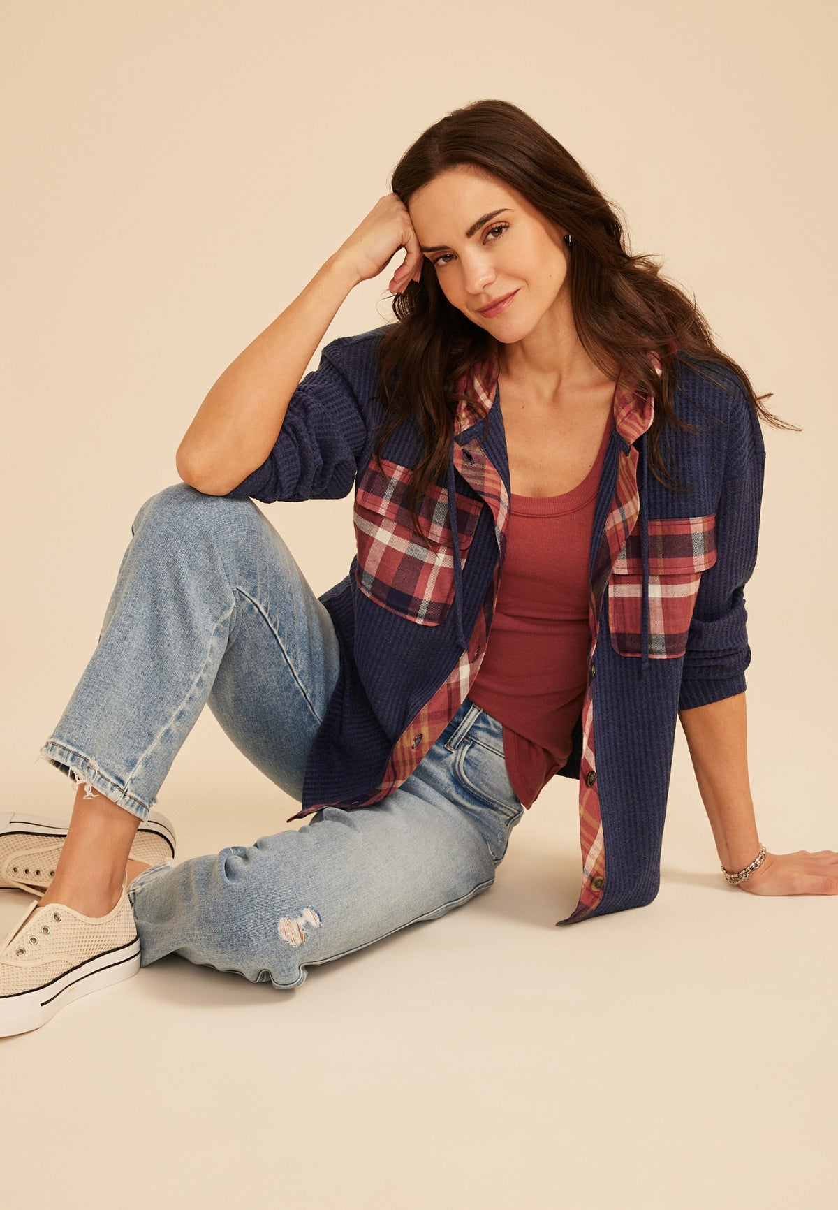 Maurices Plaid Hood Waffle Knit Shacket