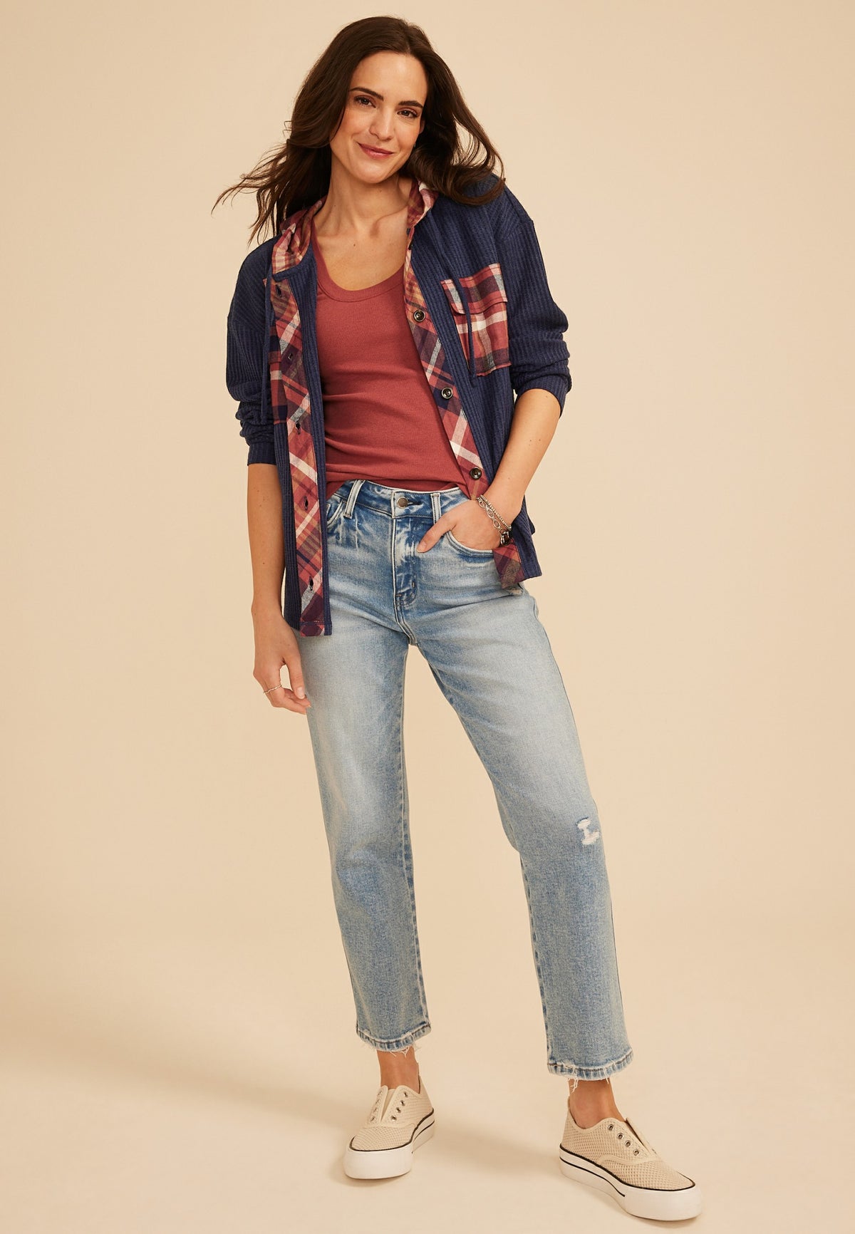 Maurices Plaid Hood Waffle Knit Shacket