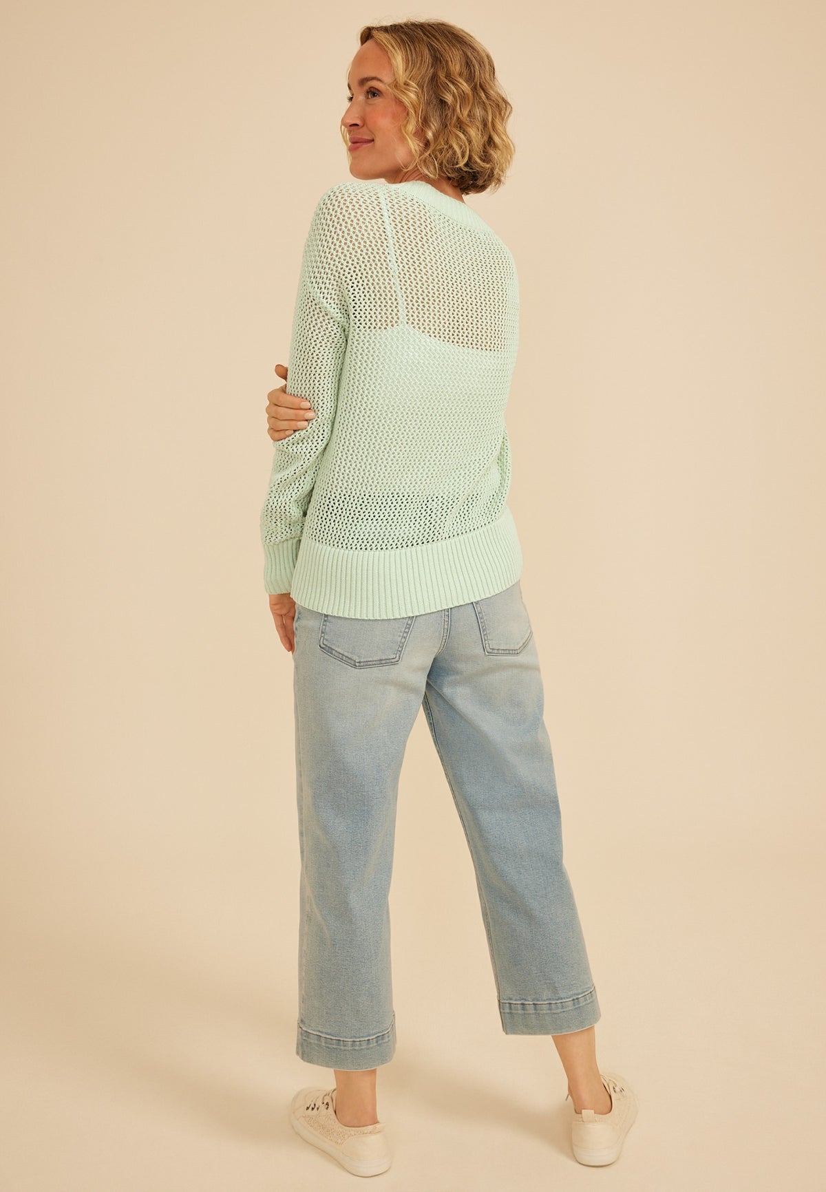 Maurices Floral Applique Open Knit Crew Neck Sweater