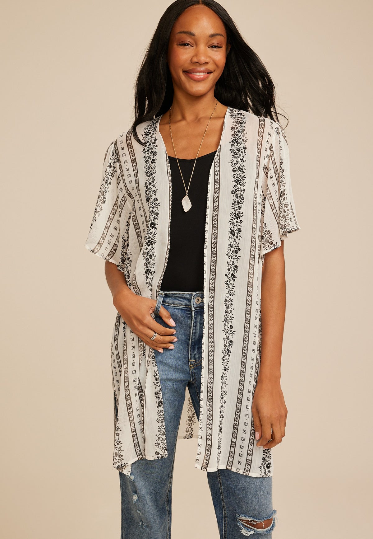 Maurices Black And White Printed Kimono