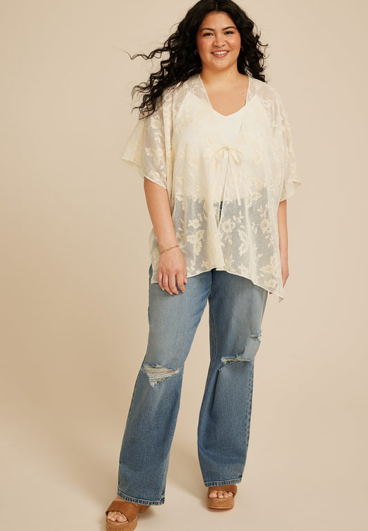 Maurices Floral Crochet Tie Front Kimono