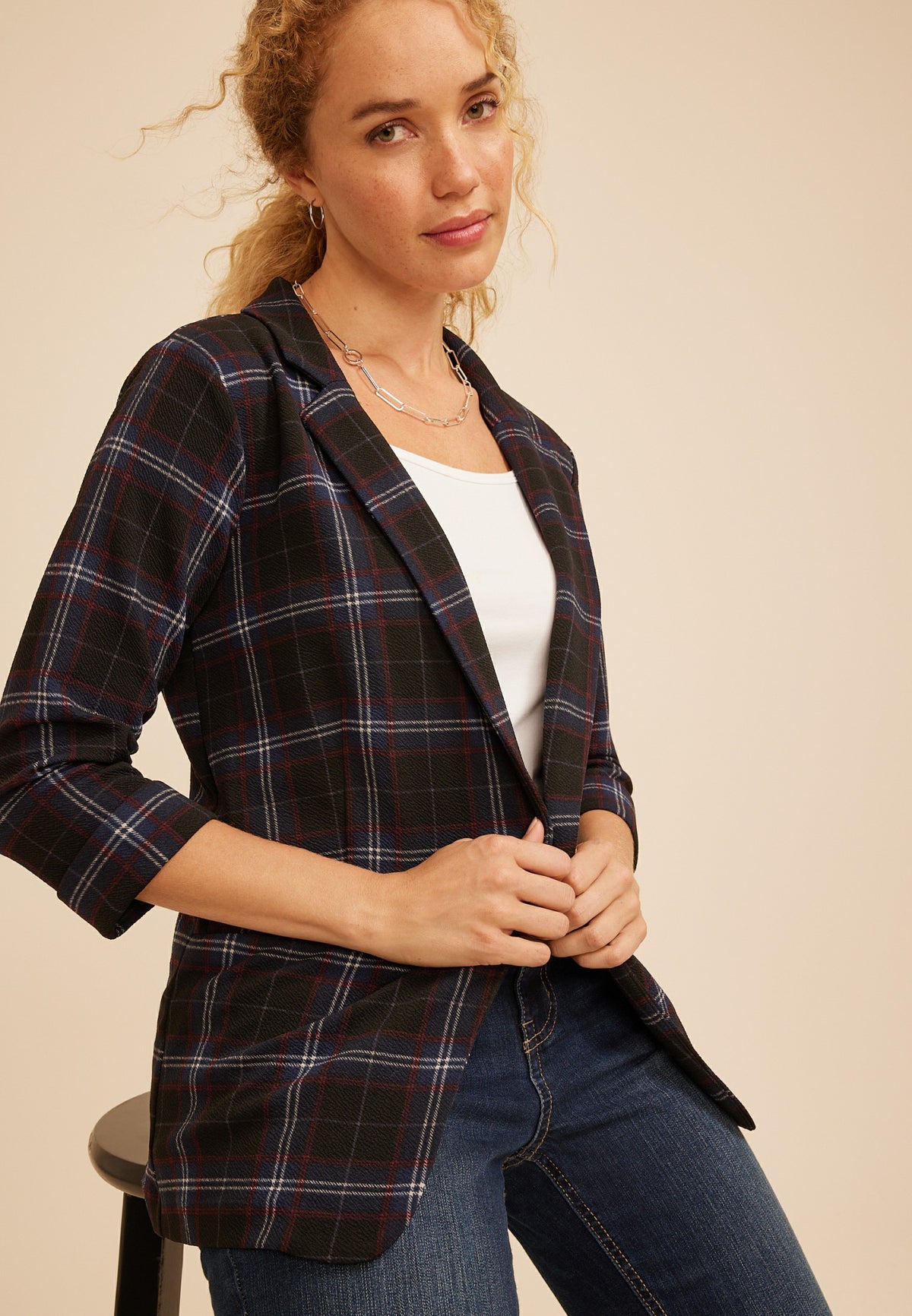 Maurices Versa 3/4 Sleeve Plaid Blazer