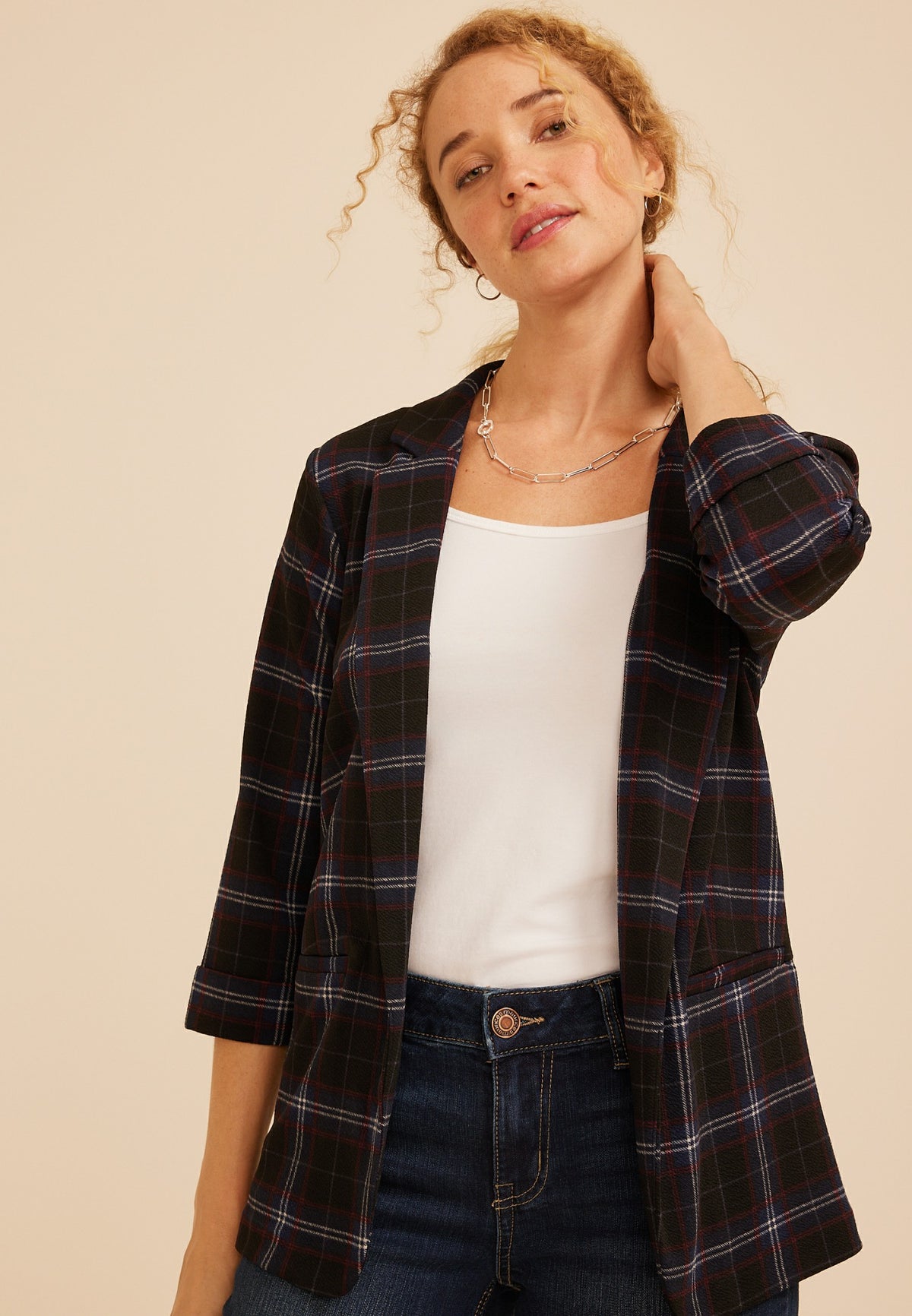 Maurices Versa 3/4 Sleeve Plaid Blazer