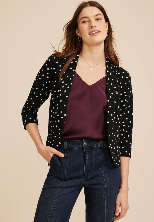 Maurices Versa Polka Dot 3/4 Sleeve Open Front Cropped Blazer