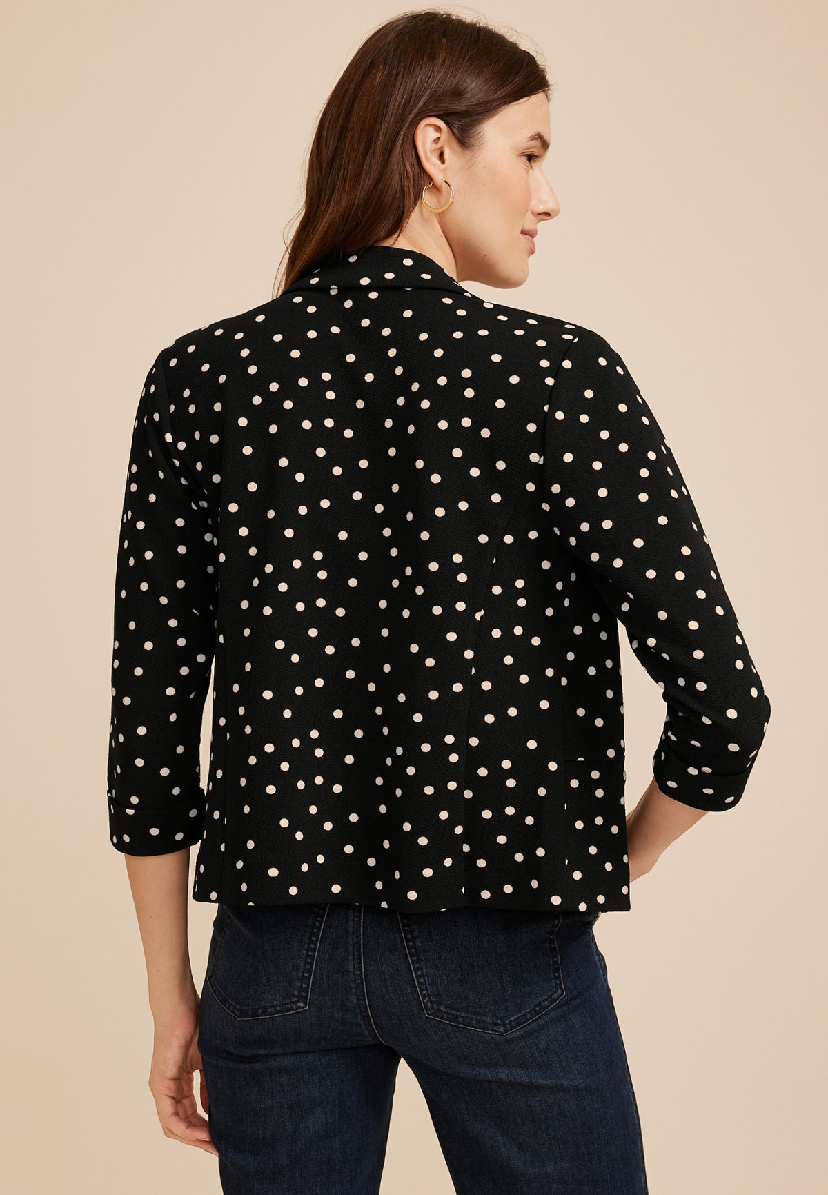 Maurices Versa Polka Dot 3/4 Sleeve Open Front Cropped Blazer