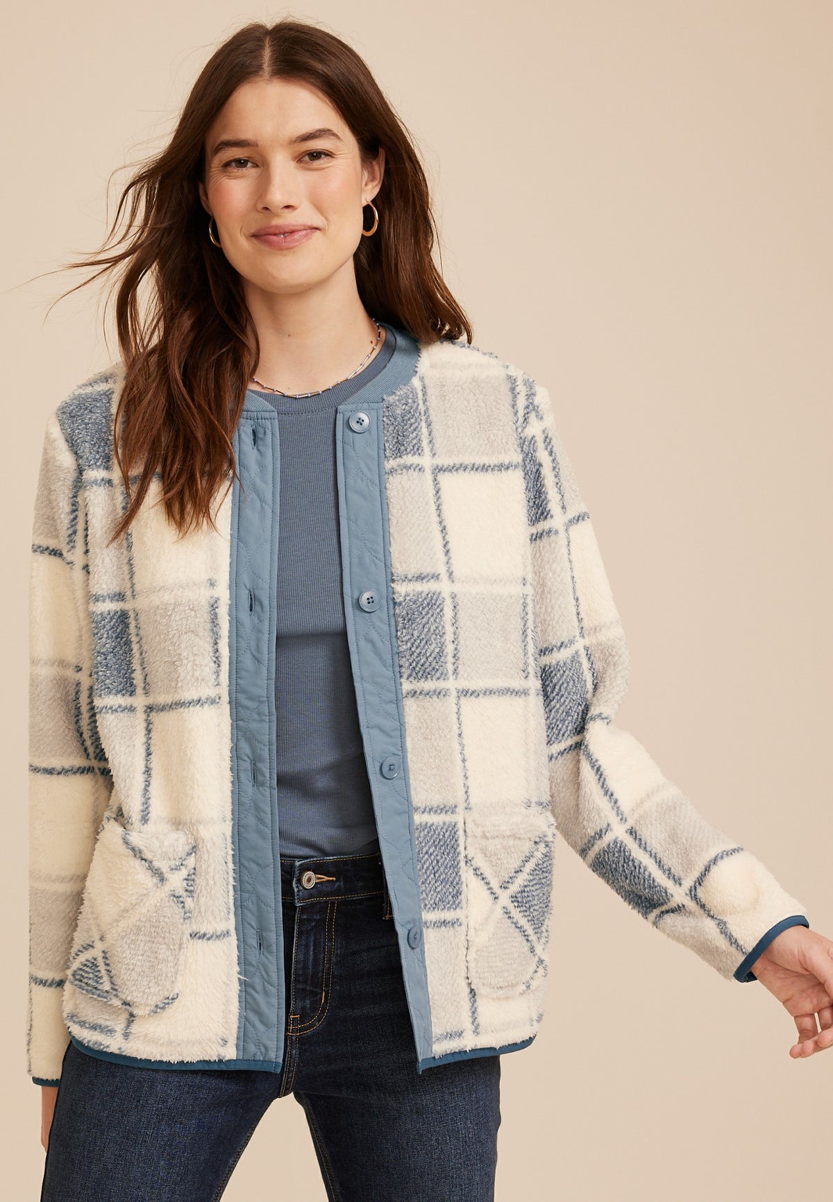 Maurices Plaid Sherpa Button Front Jacket