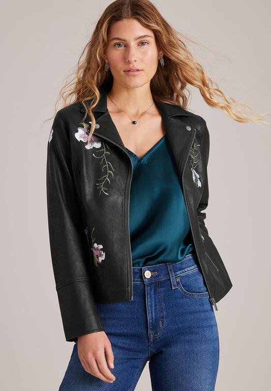 Maurices Floral Embroidered Faux Leather Jacket