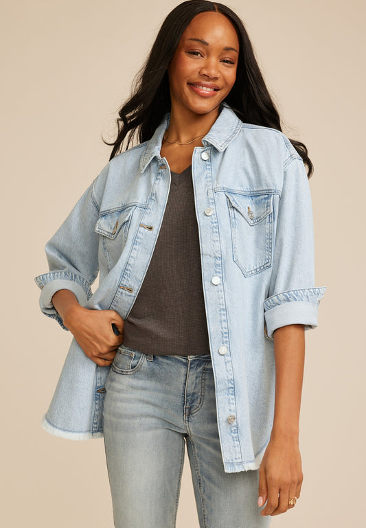 Maurices Light Wash Fray Hem Denim Shacket