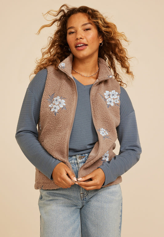 Maurices Floral Embroidered Sherpa Vest