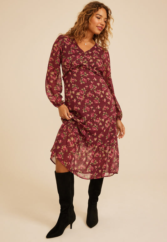 Maurices Floral Metallic Print Ruffle Midi Dress