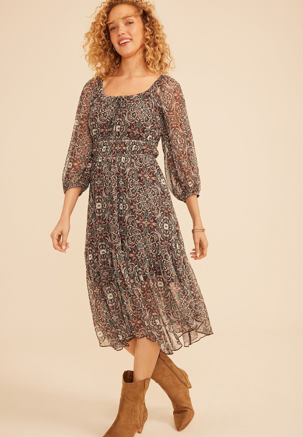 Maurices Floral Mesh Hanky Hem Midi Dress