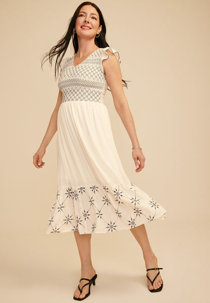 Maurices Embroidered Smocked Micro Flutter Sleeve Midi Dress
