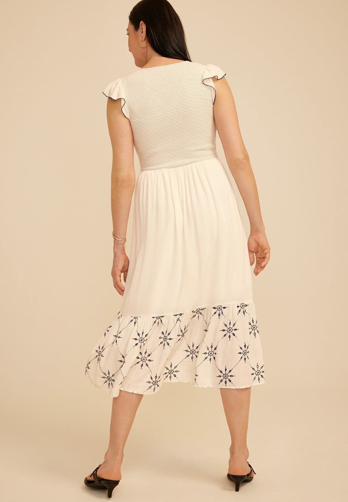 Maurices Embroidered Smocked Micro Flutter Sleeve Midi Dress