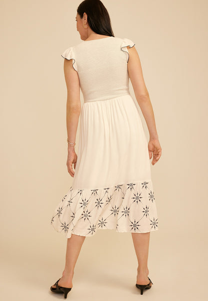 Maurices Embroidered Smocked Micro Flutter Sleeve Midi Dress