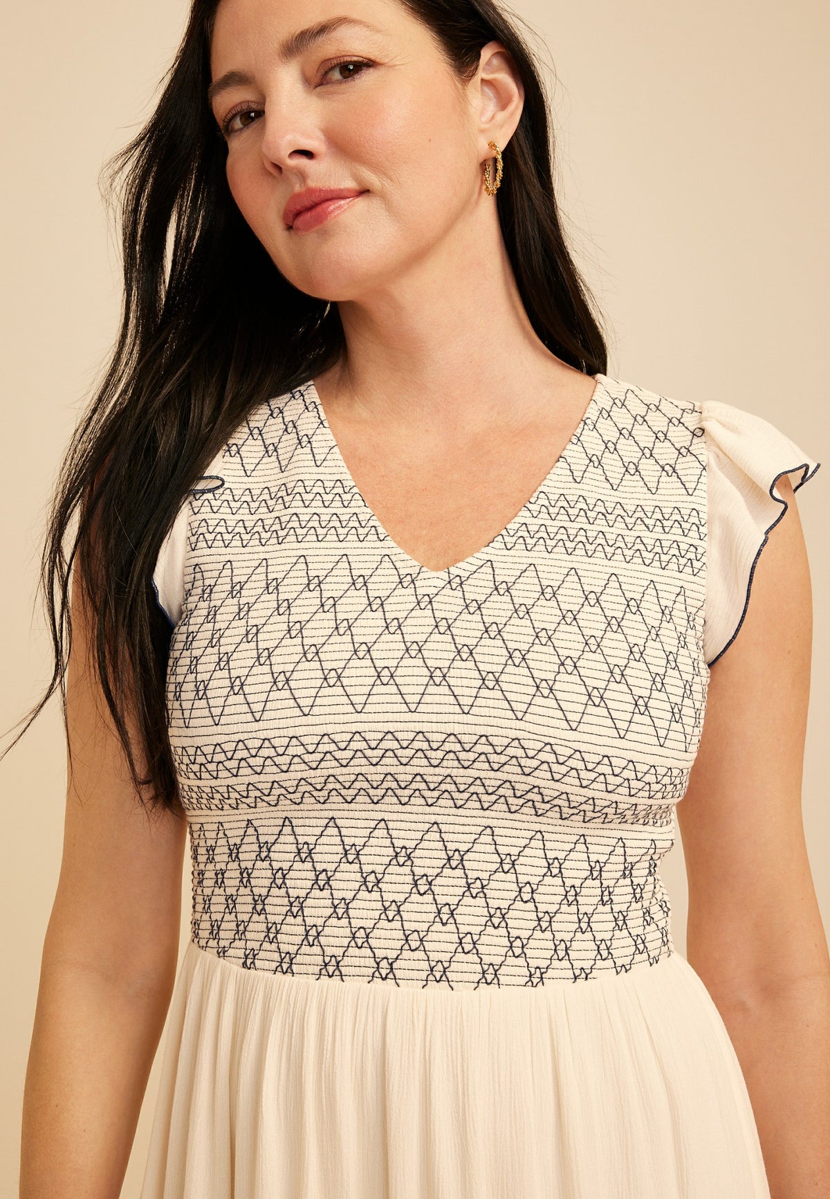 Maurices Embroidered Smocked Micro Flutter Sleeve Midi Dress