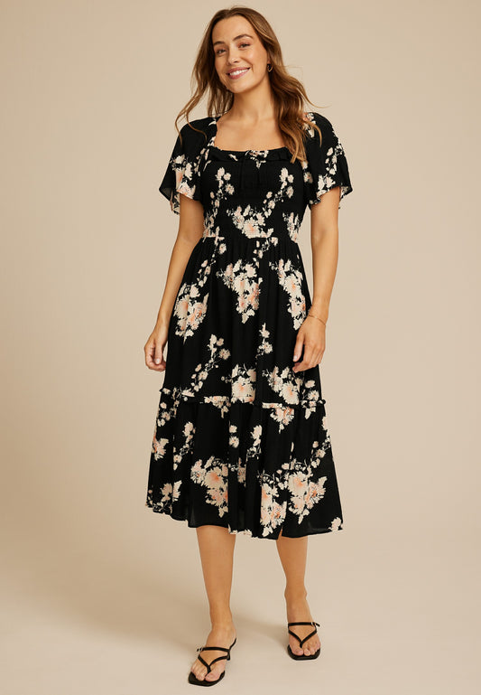 Maurices Floral Smocked Flutter Sleeve Midi Dress