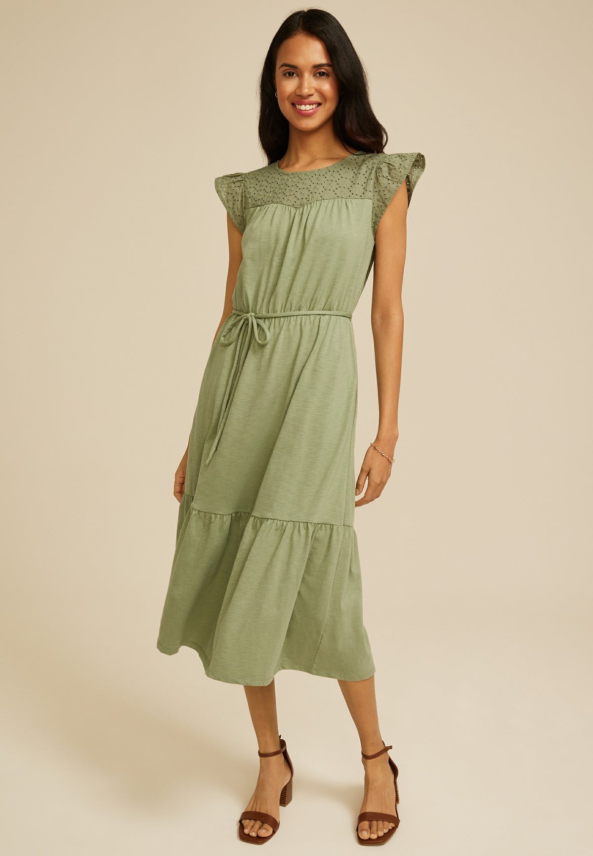 Maurices Flutter Sleeve Eyelet Tiered Midi Dress