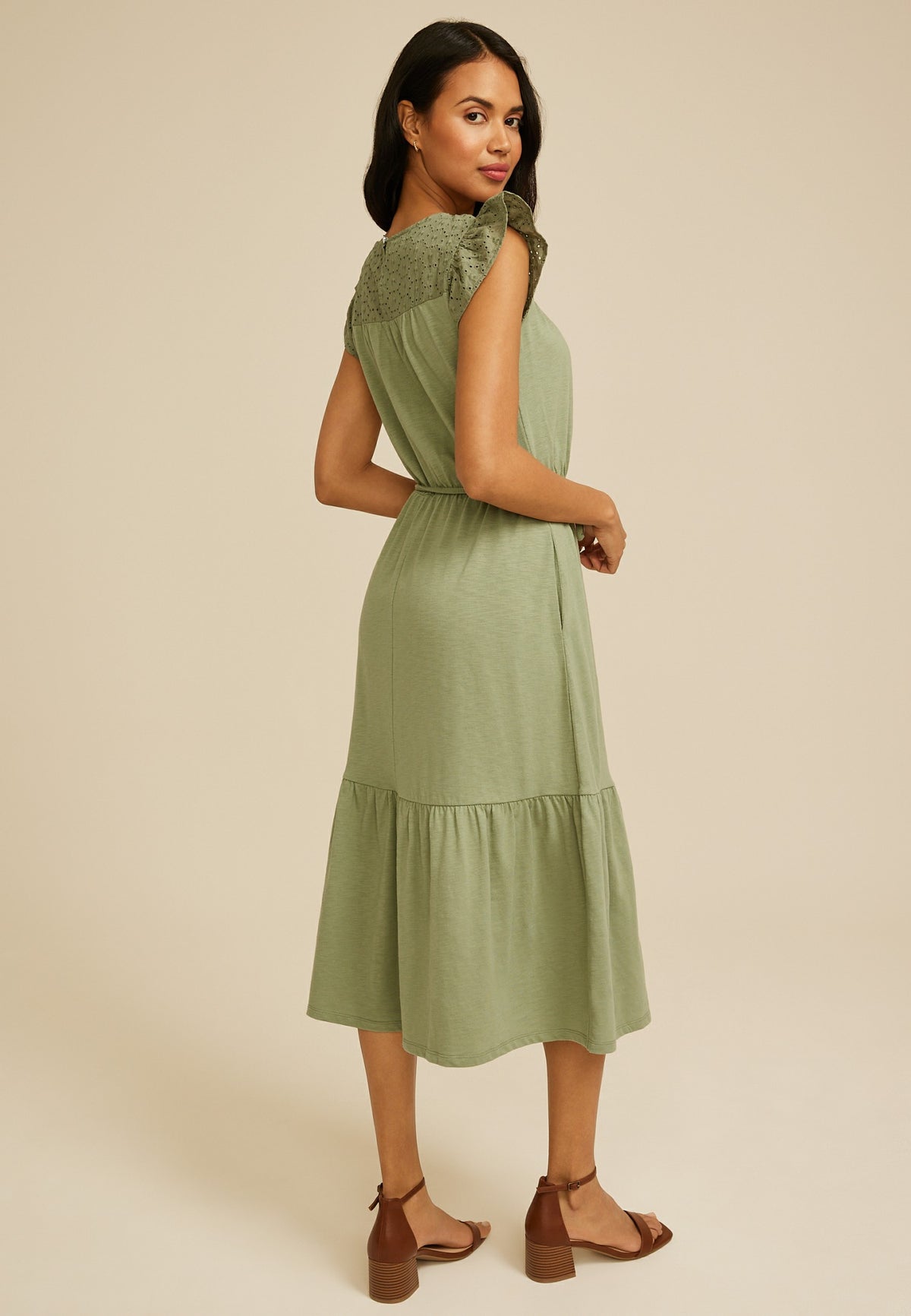 Maurices Flutter Sleeve Eyelet Tiered Midi Dress
