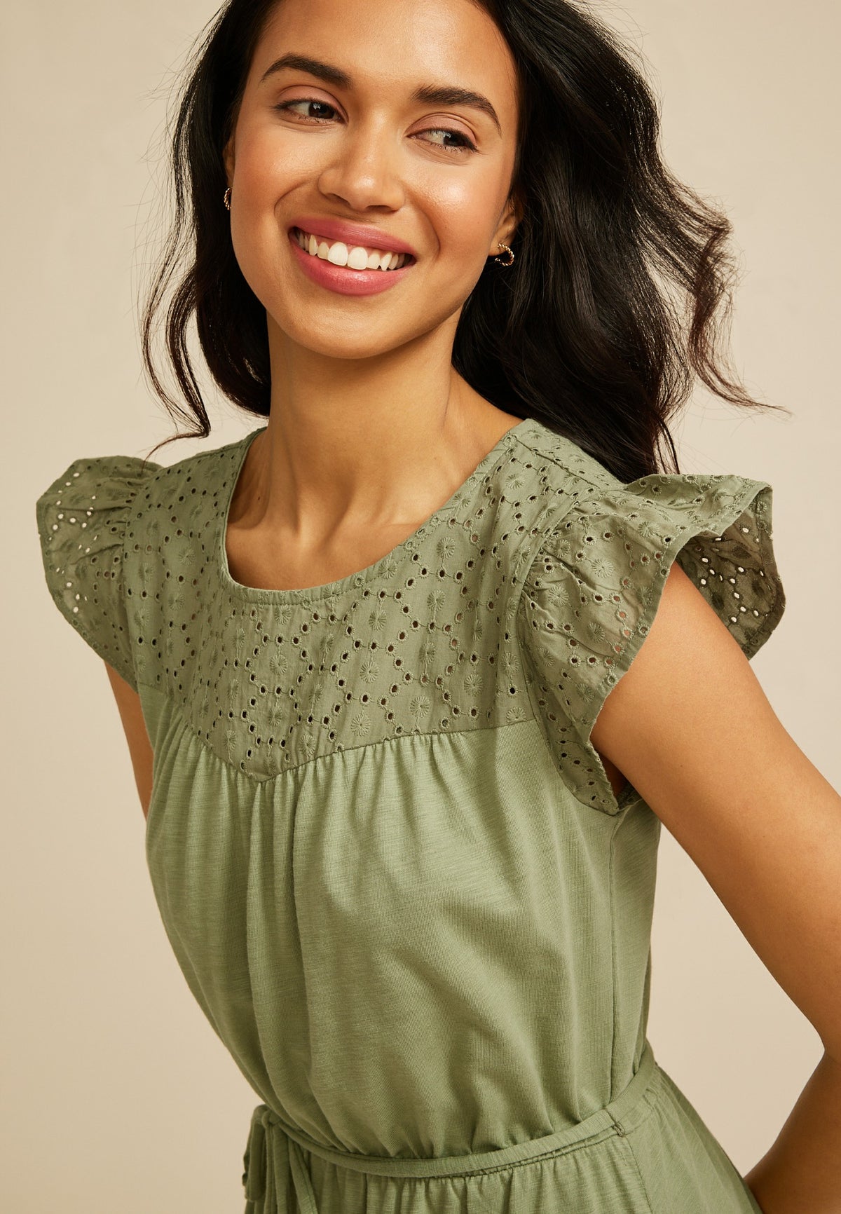 Maurices Flutter Sleeve Eyelet Tiered Midi Dress
