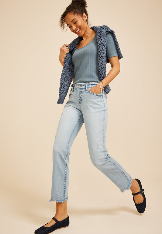 Maurices KanCan™ Mid Rise Fray Waist Ripped Hem Straight Jean