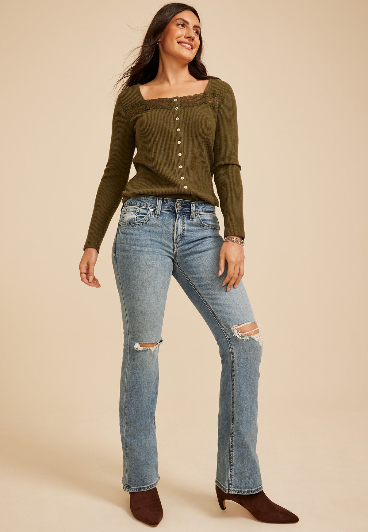 Maurices Silver Jeans Co.® Suki Curvy Mid Rise Ripped Knee Bootcut Jean