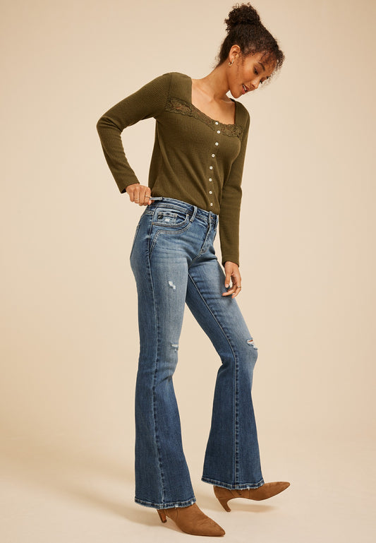 Maurices KanCan™ Mid Rise Western Pocket Stitch Ripped Flare Jean