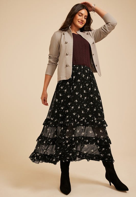 Maurices Floral Mesh Tiered Ruffle Maxi Skirt