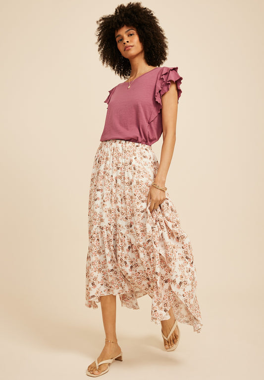 Maurices Floral Crinkle Gauze Hanky Hem Maxi Skirt