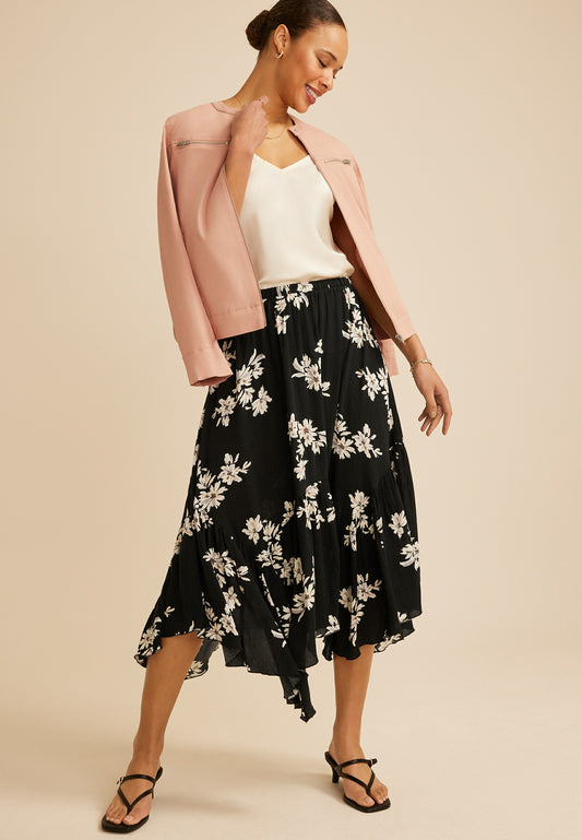 Maurices Black Floral Crinkle Gauze Hanky Hem Maxi Skirt