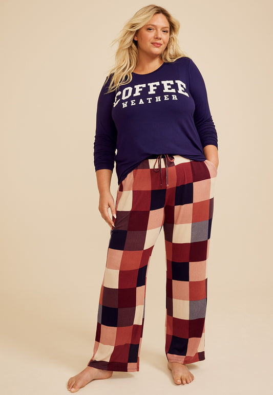 Maurices Plus Size Coffee Weather Long Sleeve Top And Wide Leg Pajama Set