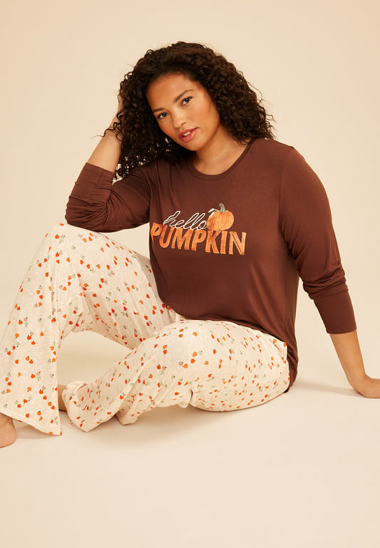 Maurices Plus Size Hello Pumpkin Long Sleeve Top And Wide Leg Pajama Set