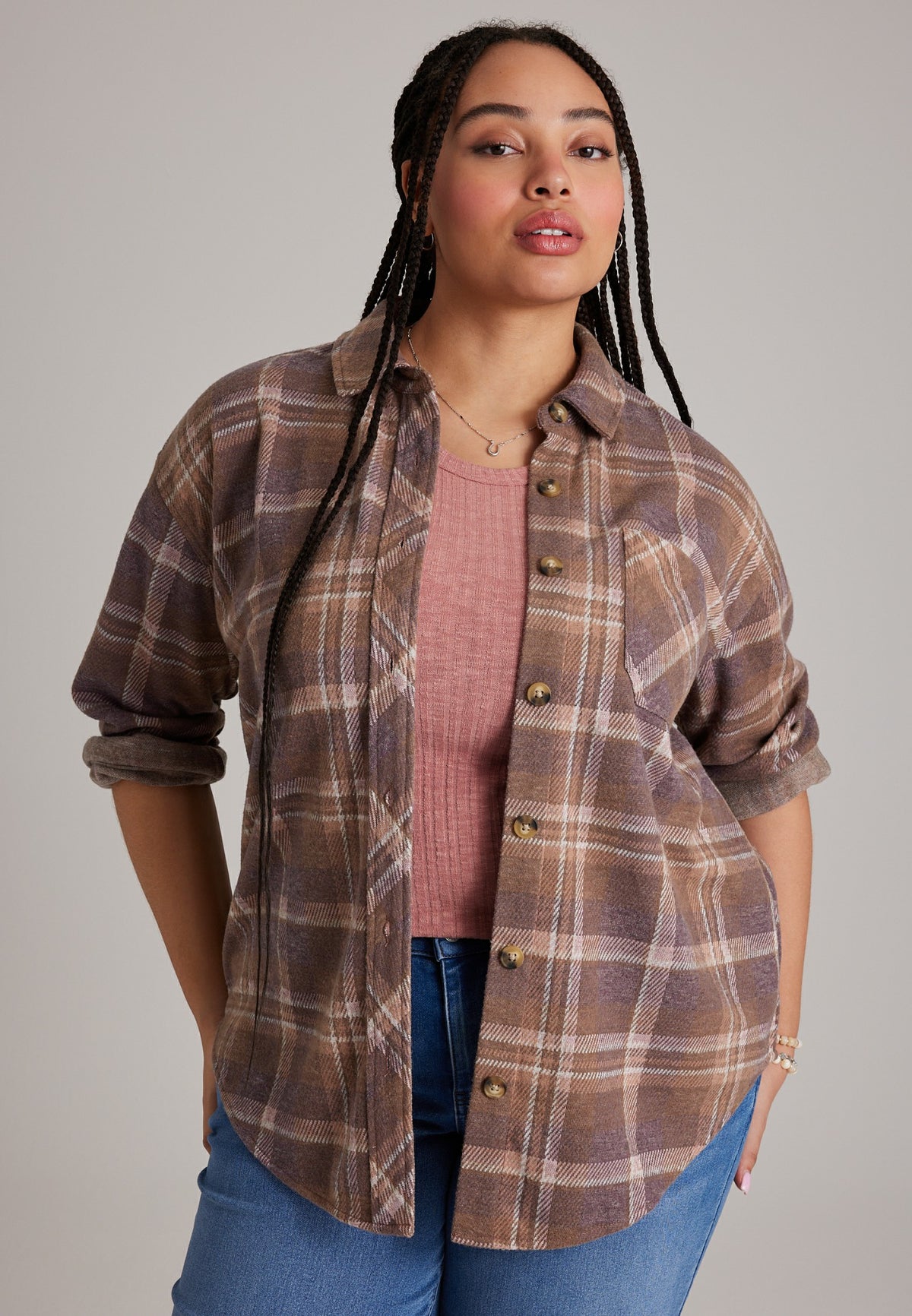 Maurices Plus Size Knit Jacquard Plaid Button Front Shirt