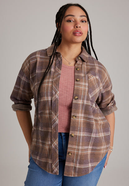Maurices Plus Size Knit Jacquard Plaid Button Front Shirt