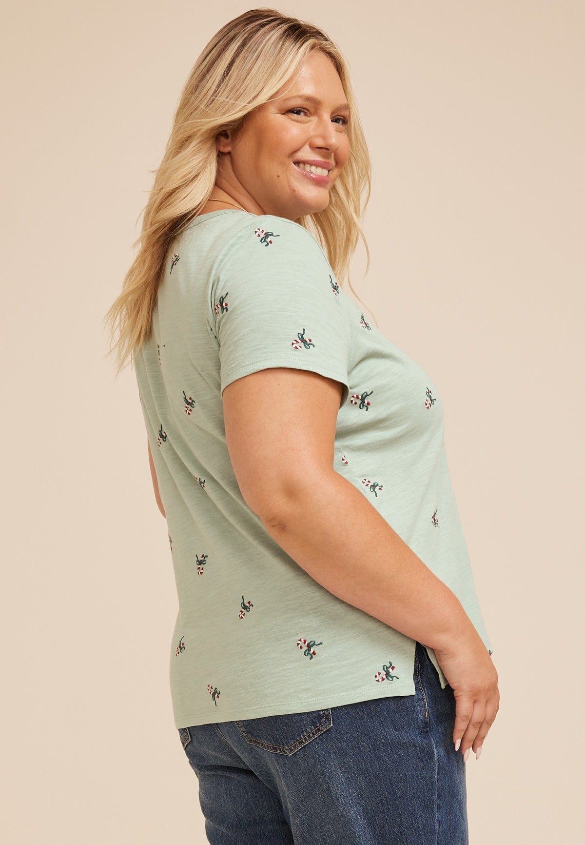Maurices Plus Size 24/7 Dawson Candy Cane Embroidered Crew Neck Tee