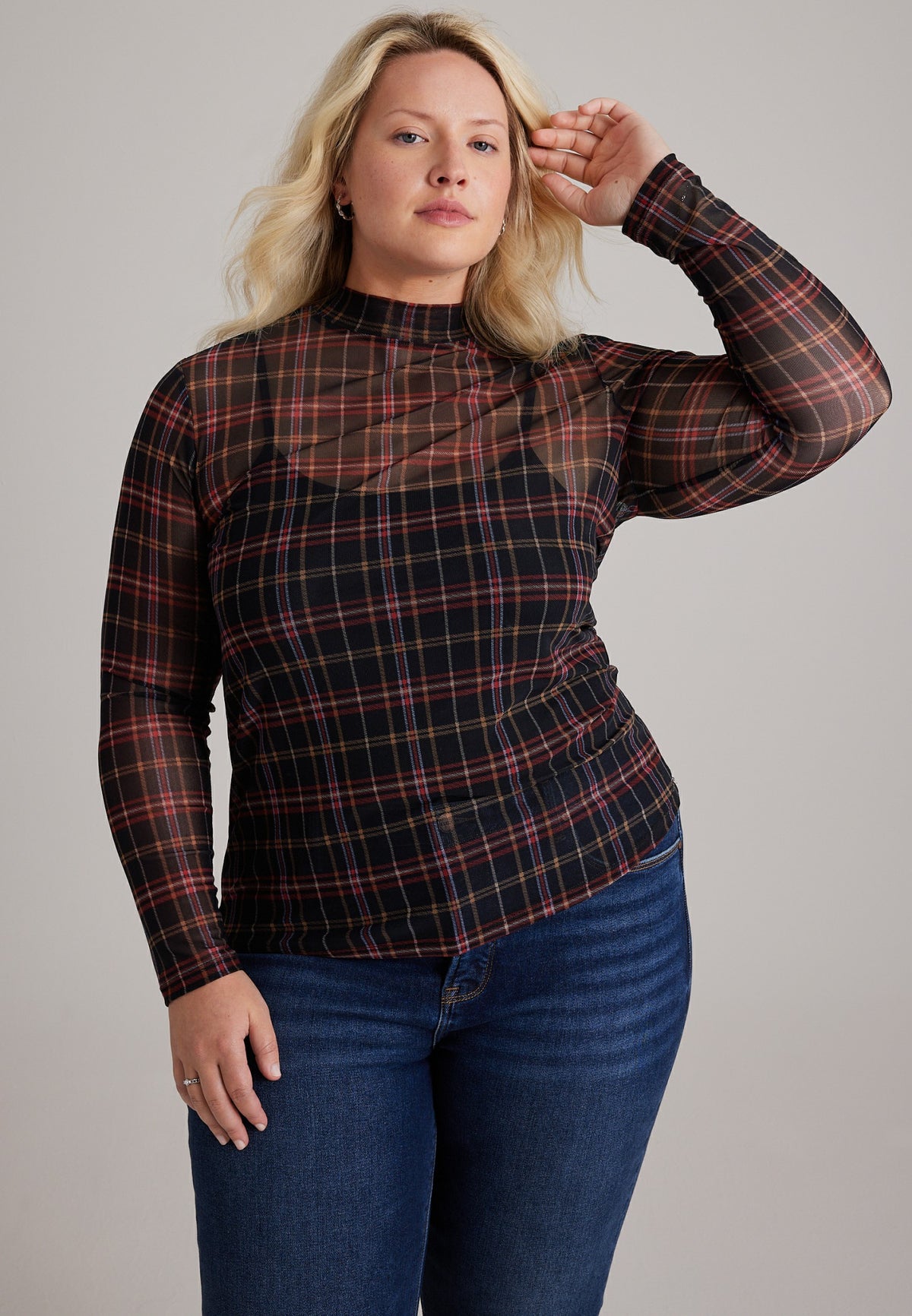 Maurices Plus Size Plaid Sheer Mesh Mock Neck Top