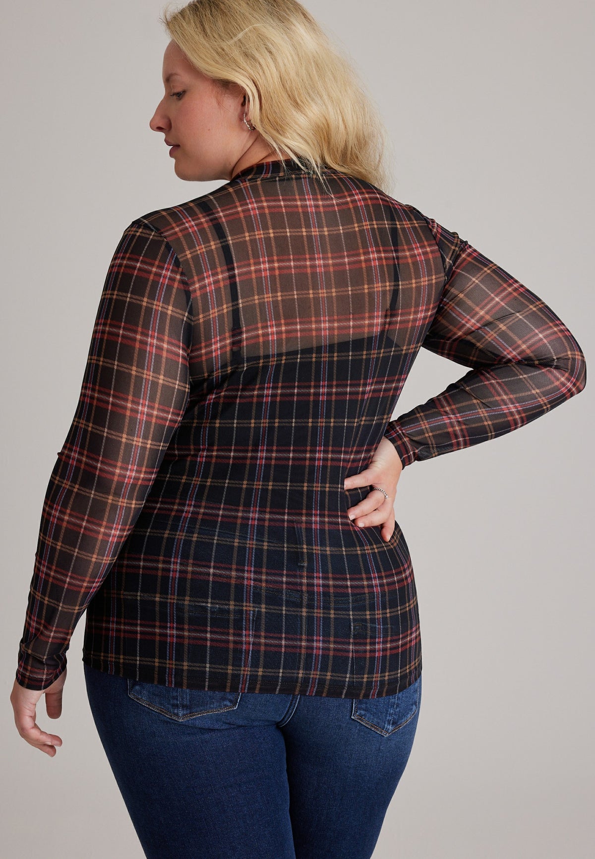 Maurices Plus Size Plaid Sheer Mesh Mock Neck Top