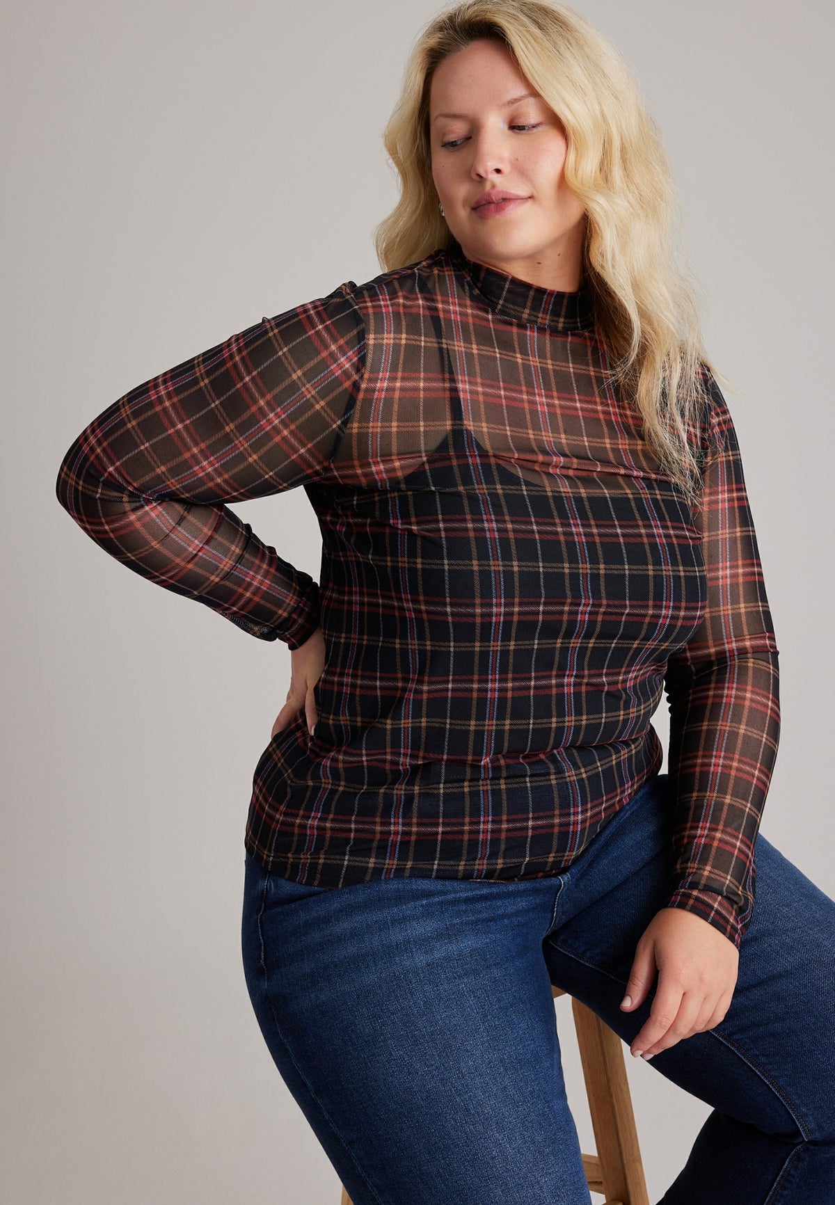 Maurices Plus Size Plaid Sheer Mesh Mock Neck Top