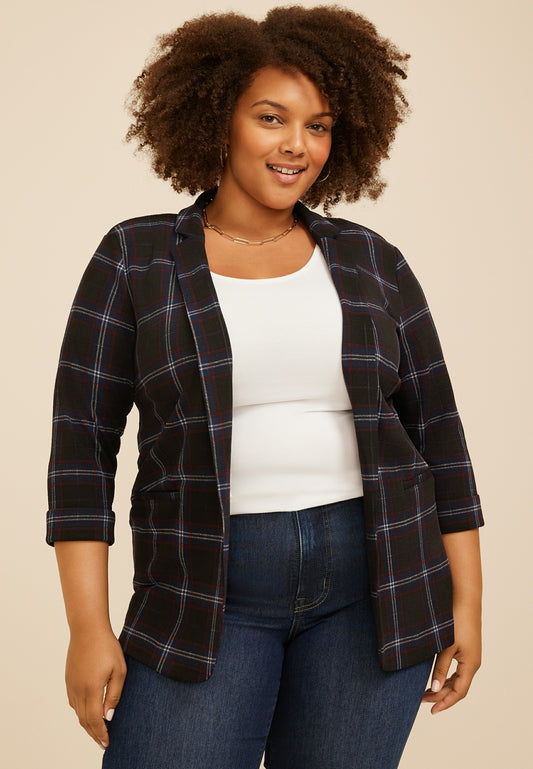 Maurices Plus Size Versa 3/4 Sleeve Plaid Blazer