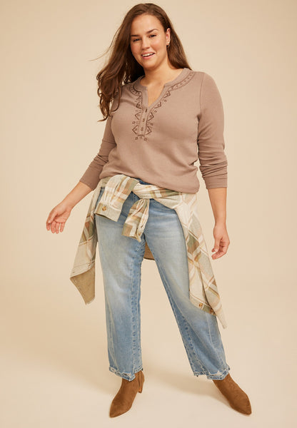 Maurices Plus Size Embroidered Ribbed Henley Top