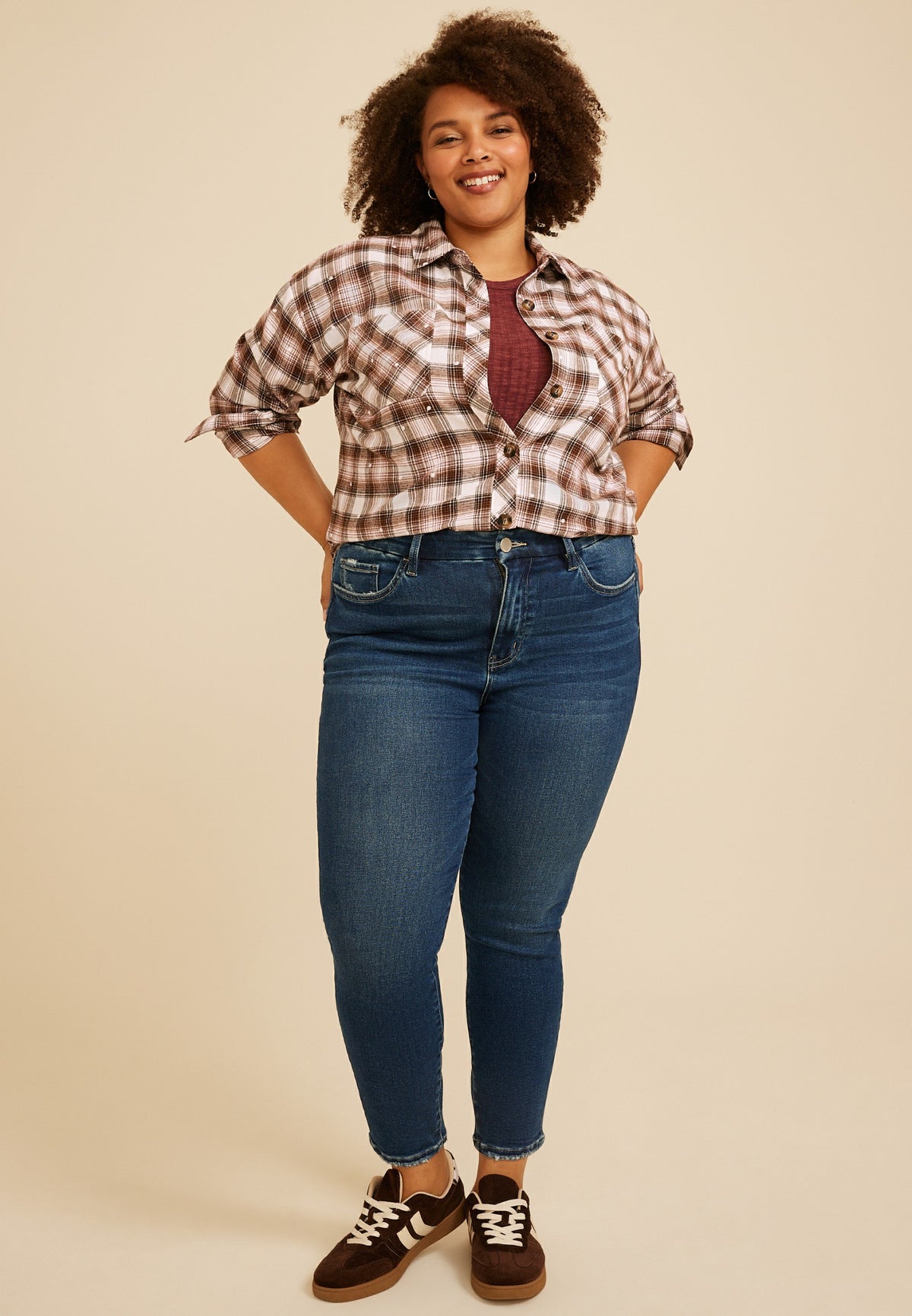 Maurices Plus Size Plaid Polka Dot Button Front Shirt