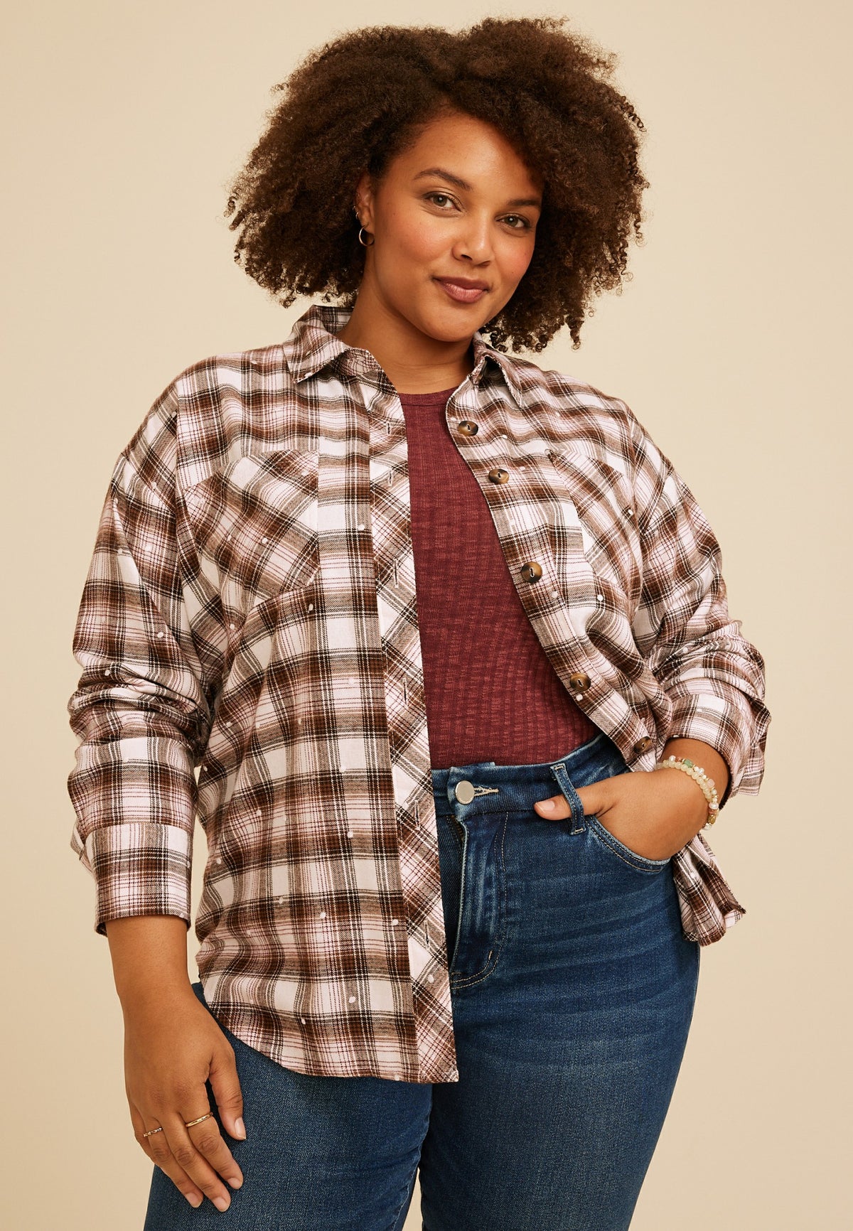 Maurices Plus Size Plaid Polka Dot Button Front Shirt