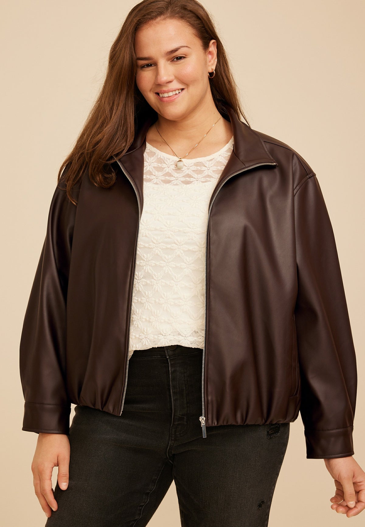 Maurices Plus Size Faux Leather Bubble Hem Bomber Jacket