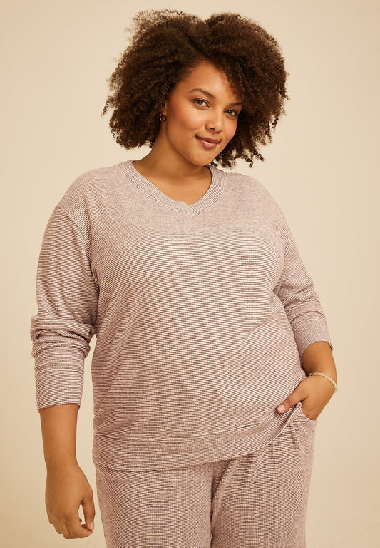 Maurices Plus Size Cozy Stripe Waffle Knit V Neck Top