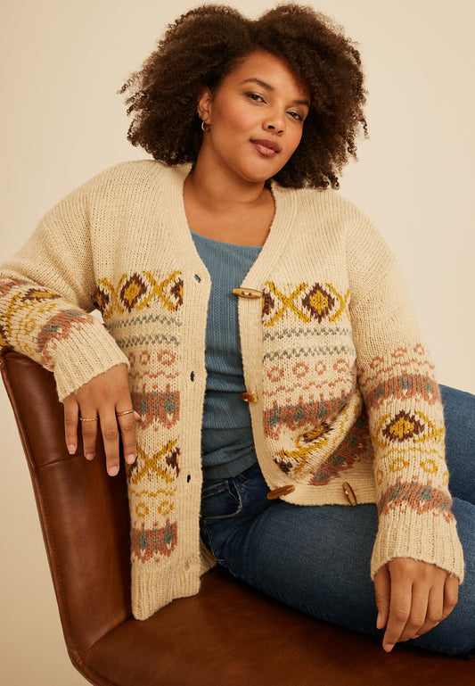 Maurices Plus Size Southwest Fair Isle Toggle Cardigan