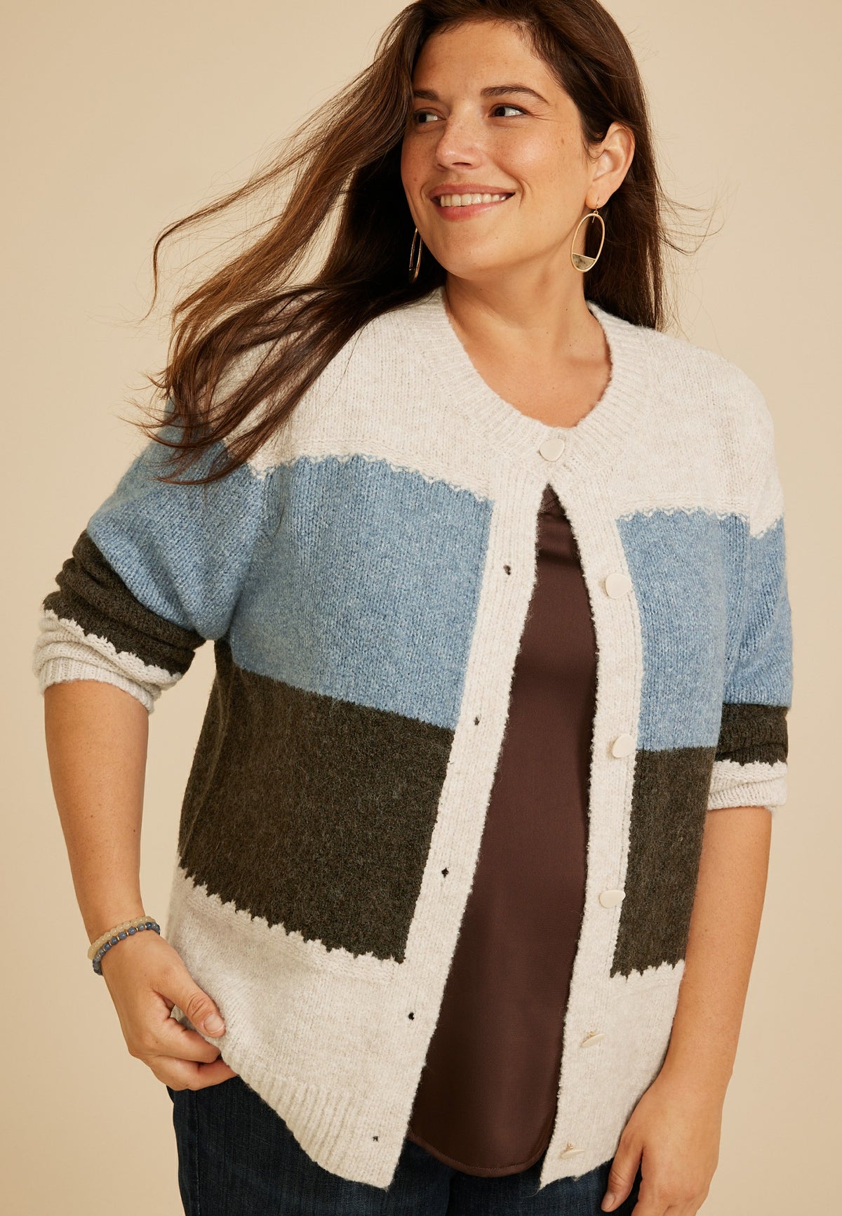 Maurices Plus Size Colorblock Crew Neck Button Front Cardigan