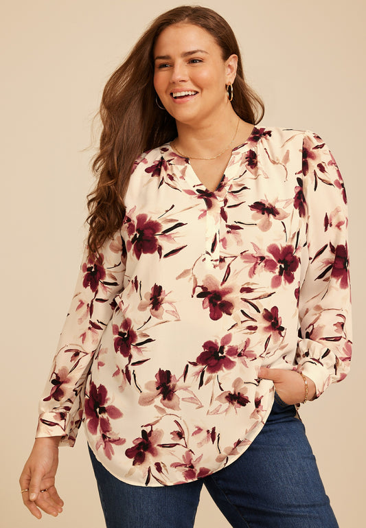 Maurices Plus Size Floral Split V Neck Blouse