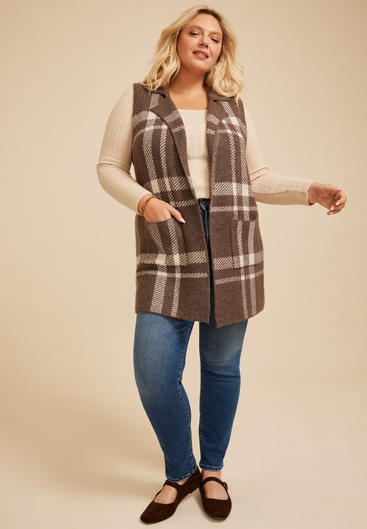 Maurices Plus Size Plaid Duster Length Open Front Vest