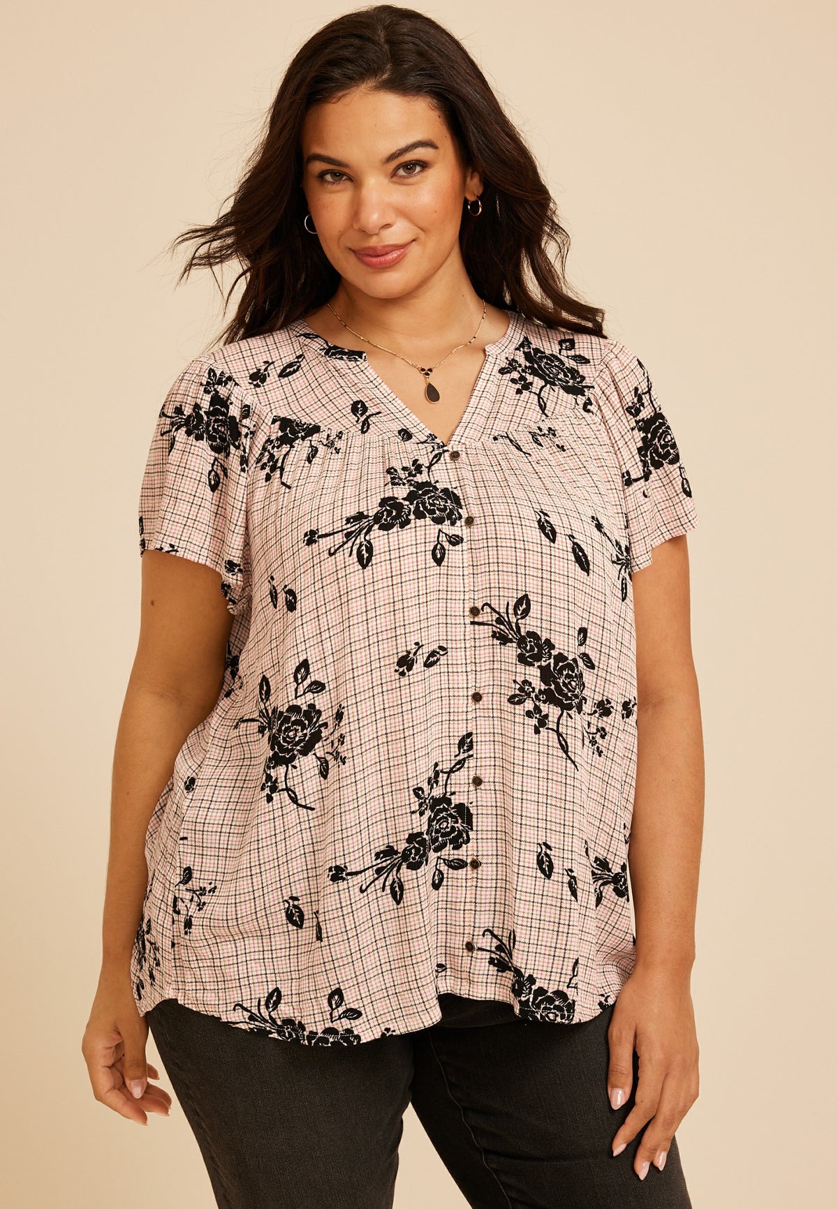 Maurices Plus Size Floral Plaid Flutter Sleeve Blouse