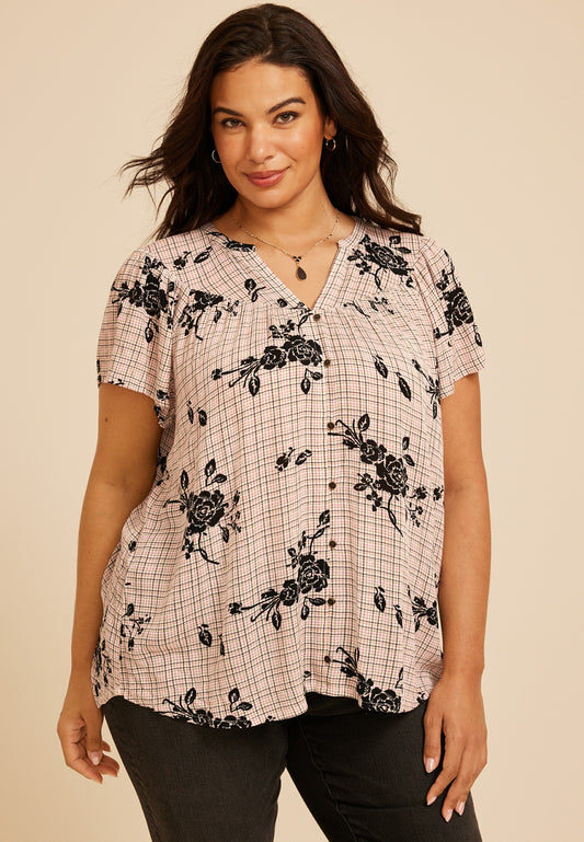 Maurices Plus Size Floral Plaid Flutter Sleeve Blouse