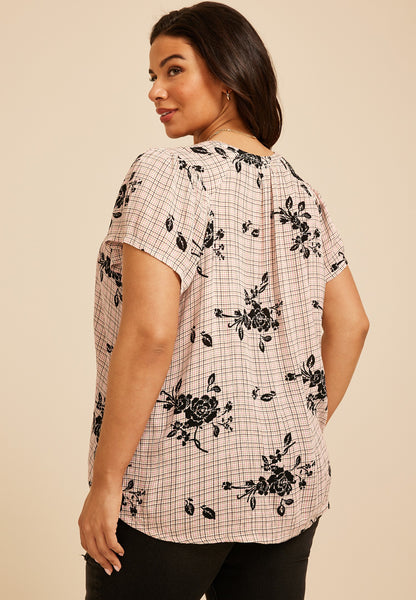 Maurices Plus Size Floral Plaid Flutter Sleeve Blouse